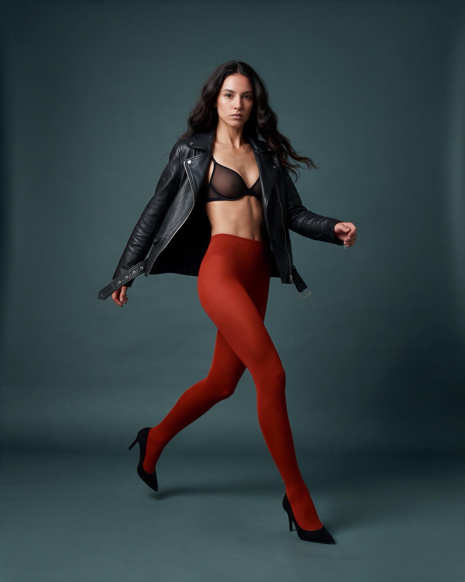 A model mid-stride in rust tights and a leather jacket on a petrol backdrop
